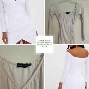 Shape White Ruched Bardot Bodycon Dress​
